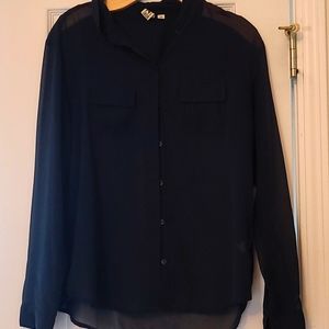 Thick sheer collared navy long sleeve blouse